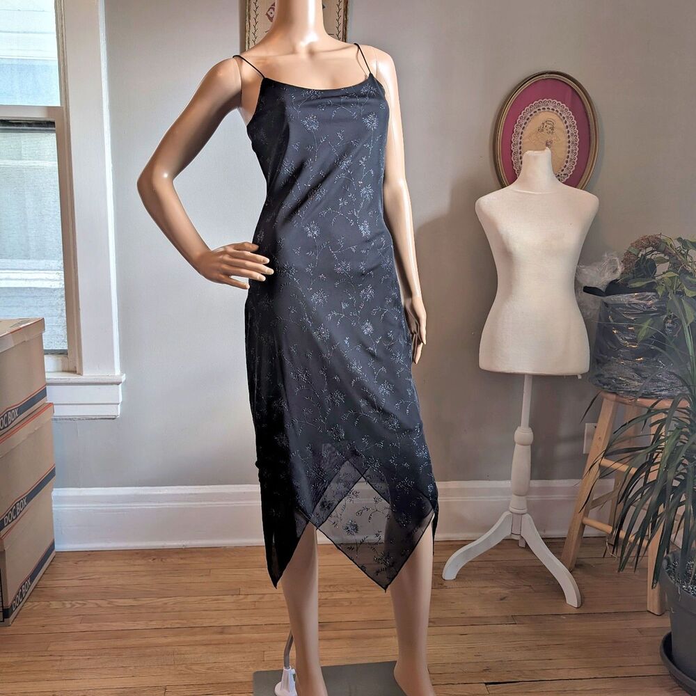 Vintage 90s Byer Too Black Midi Dress Cocktail Floral Glitter Whimsygoth Size S